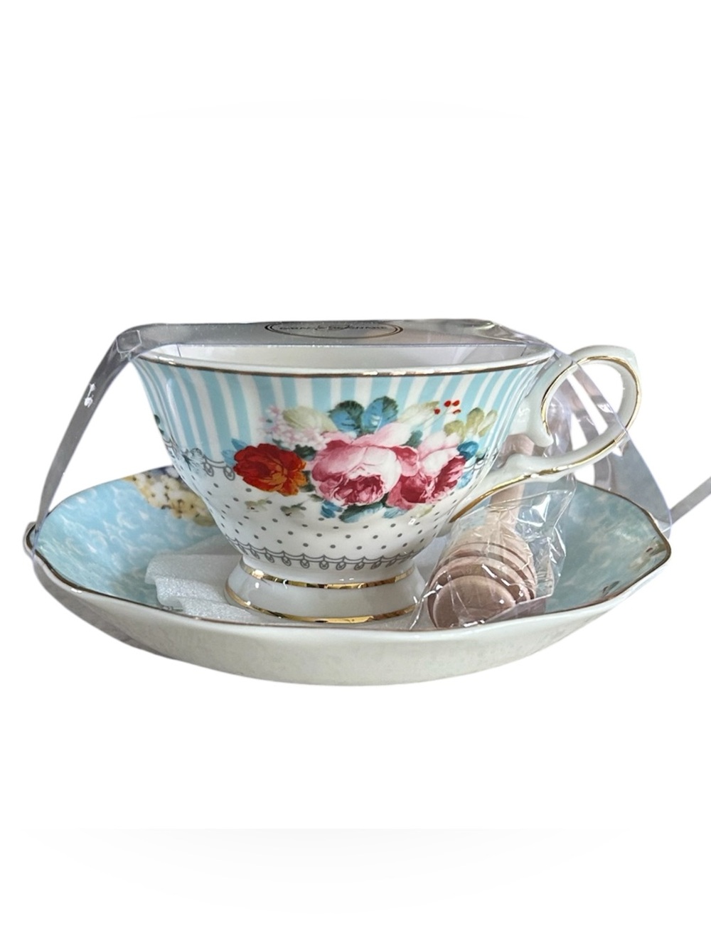 Grace Teaware Floral Teacup Saucer Set Honey Dipper Blue Rose Gold Trim Gift